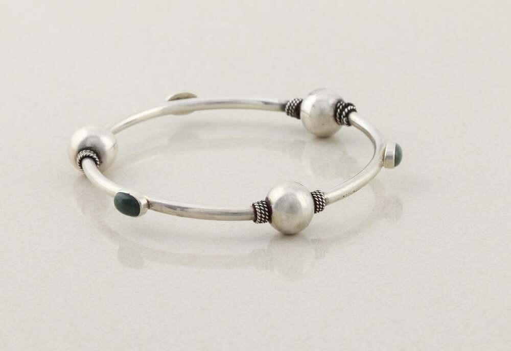 Sterling Silver Green Jasper & Bead Bangle Bracelet 8" inch